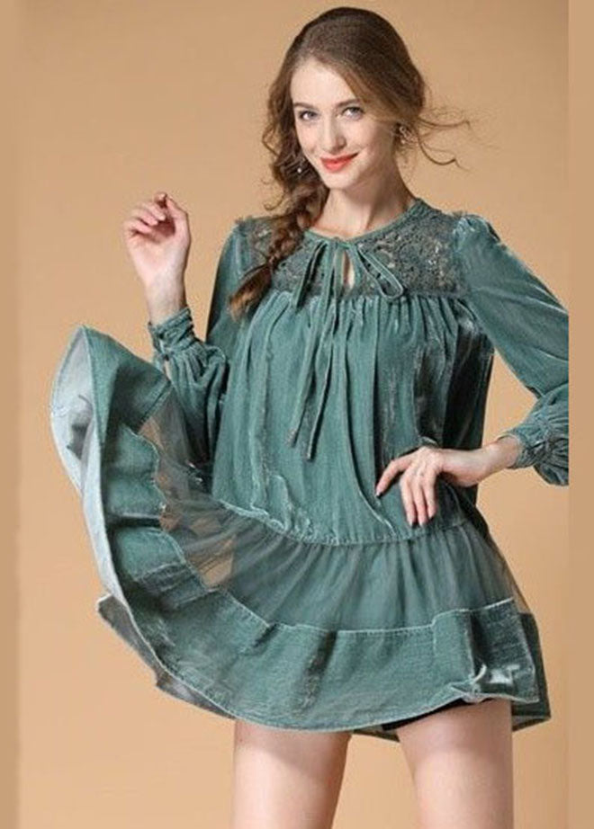 Light Green Embroideried Velour Dress O Neck Spring LY0013