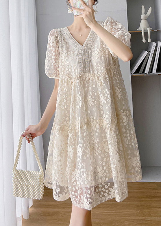 Loose Beige V Neck Lace Patchwork Long Dress Short SleeveTI1048