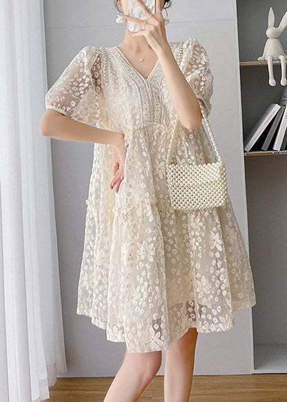 Loose Beige V Neck Lace Patchwork Long Dress Short SleeveTI1048