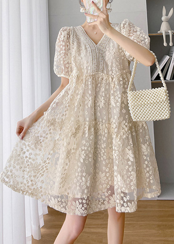 Loose Beige V Neck Lace Patchwork Long Dress Short SleeveTI1048