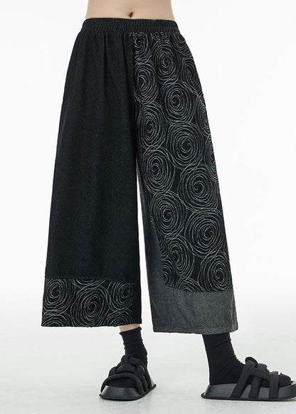 Loose Black Asymmetrical Print Cotton Wide Leg Pants Summer LC0130