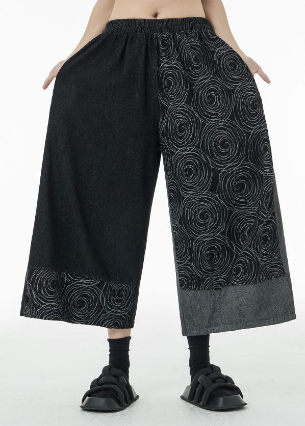 Loose Black Asymmetrical Print Cotton Wide Leg Pants Summer LC0130