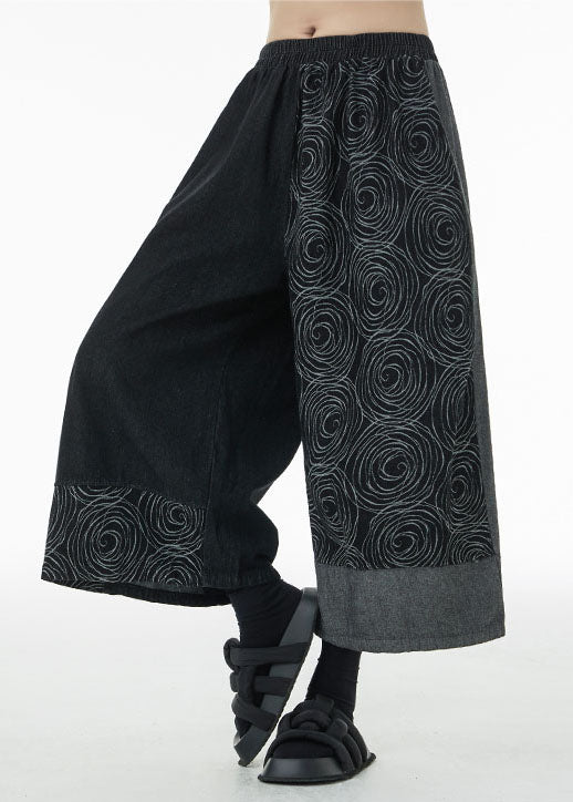 Loose Black Asymmetrical Print Cotton Wide Leg Pants Summer LC0130