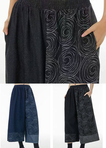 Loose Black Asymmetrical Print Cotton Wide Leg Pants Summer LC0130