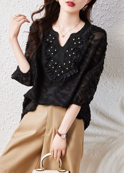 Loose Black Embroideried Nail Bead Patchwork Chiffon Shirt Tops Summer TQ1063