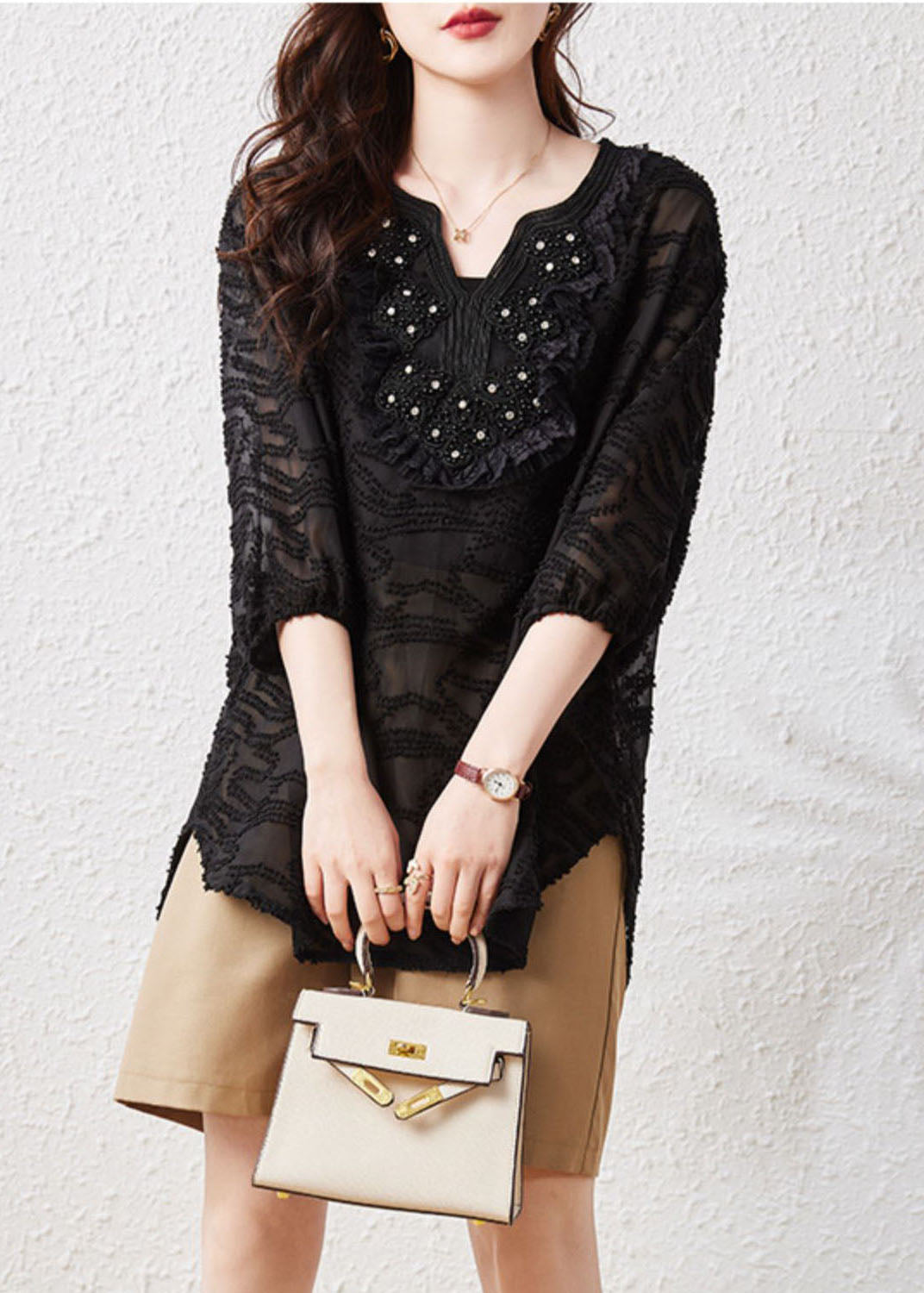 Loose Black Embroideried Nail Bead Patchwork Chiffon Shirt Tops Summer TQ1063