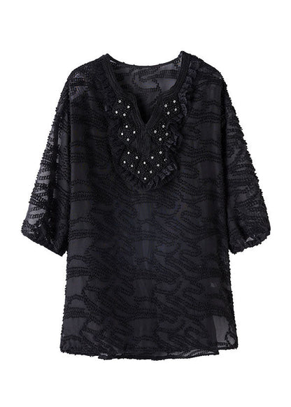 Loose Black Embroideried Nail Bead Patchwork Chiffon Shirt Tops Summer TQ1063