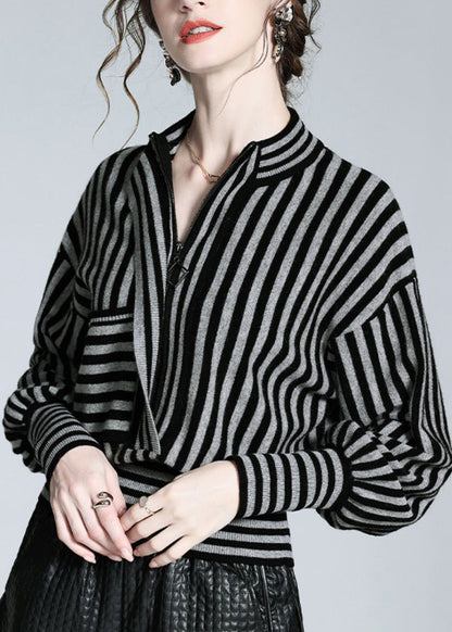 Loose Black Grey Striped Button Woolen Shirts Long Sleeve LY0717