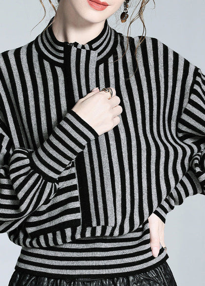 Loose Black Grey Striped Button Woolen Shirts Long Sleeve LY0717