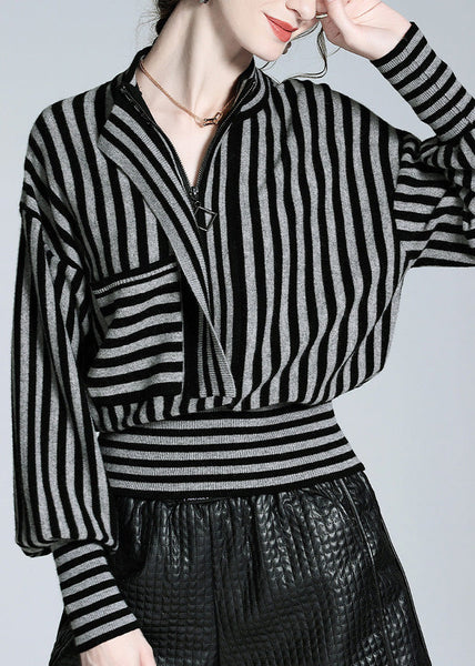 Loose Black Grey Striped Button Woolen Shirts Long Sleeve AC3023