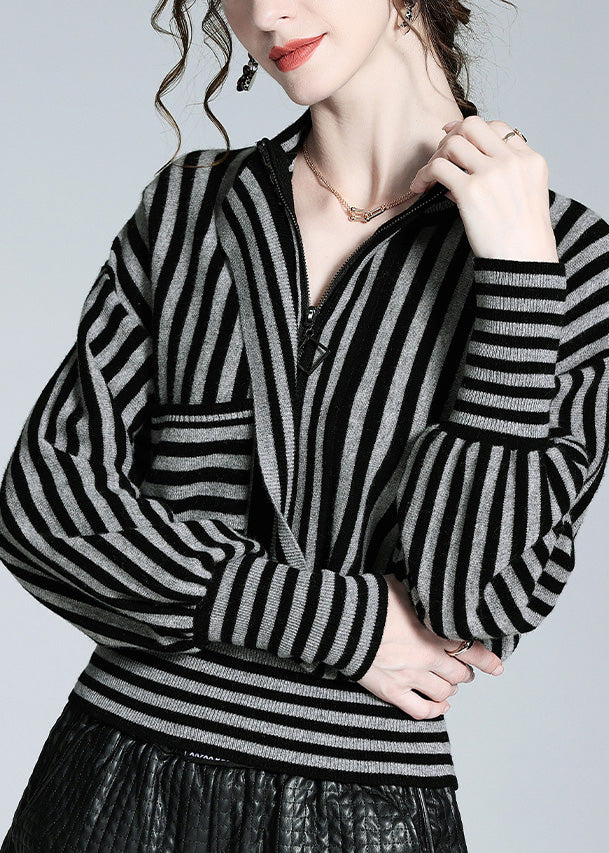 Loose Black Grey Striped Button Woolen Shirts Long Sleeve LY0717