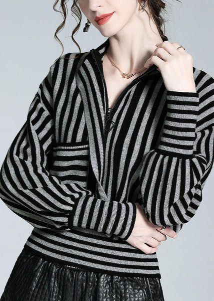Loose Black Grey Striped Button Woolen Shirts Long Sleeve AC3023