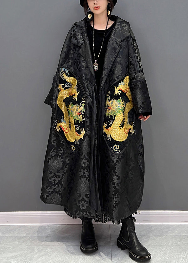 Loose Black Notched Print Bow Button Trench Coats Fall HA1017