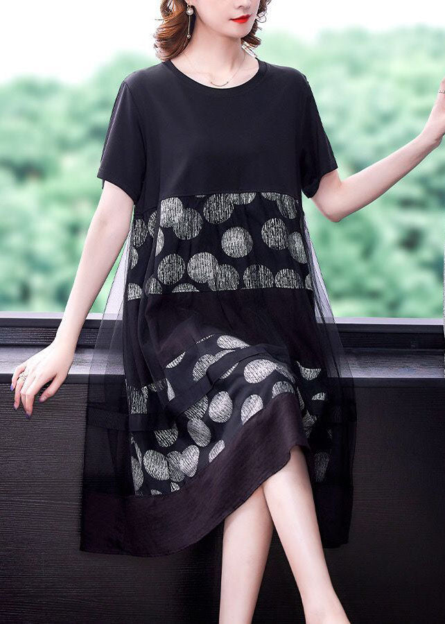 Loose Black O-Neck Patchwork Tulle Cotton Fake Two Piece Dress Summer LC0076