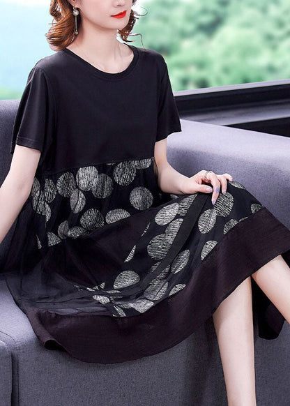 Loose Black O-Neck Patchwork Tulle Cotton Fake Two Piece Dress Summer LC0076