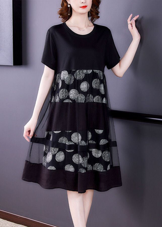 Loose Black O-Neck Patchwork Tulle Cotton Fake Two Piece Dress Summer LC0076