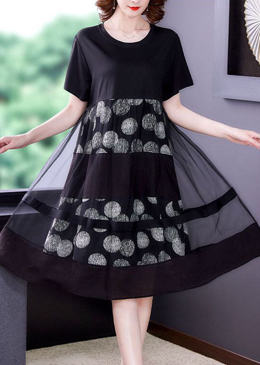 Loose Black O-Neck Patchwork Tulle Cotton Fake Two Piece Dress Summer LC0076