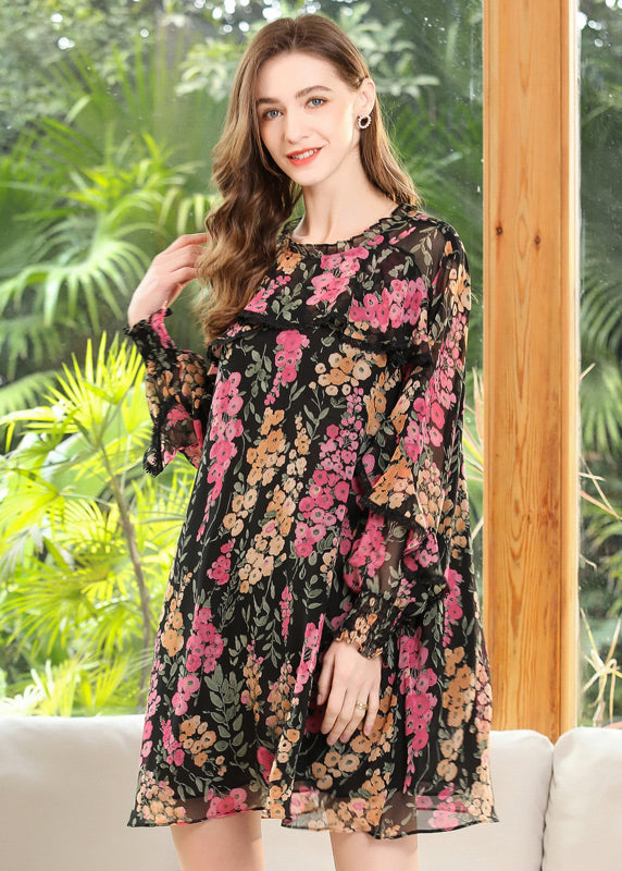 Loose Black O-Neck Ruffled Print Chiffon Maxi Dress Spring LY0302