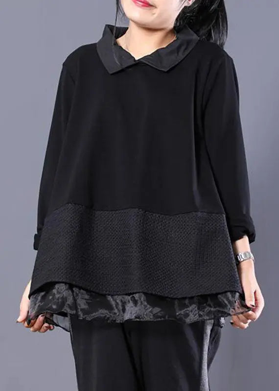 Loose Black Peter Pan Collar Fake Two Pieces Sweatshirt Long Sleeve Ada Fashion