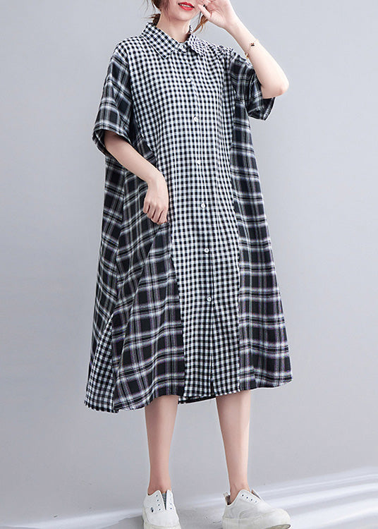 Loose Black Peter Pan Collar Plaid Patchwork Button Long Dress Summer LY0668