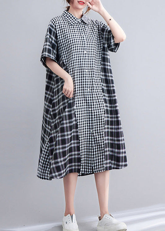 Loose Black Peter Pan Collar Plaid Patchwork Button Long Dress AC2092