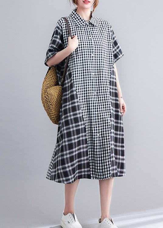 Loose Black Peter Pan Collar Plaid Patchwork Button Long Dress Summer LY0668