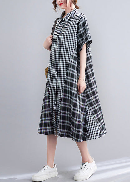 Loose Black Peter Pan Collar Plaid Patchwork Button Long Dress Summer LY0668