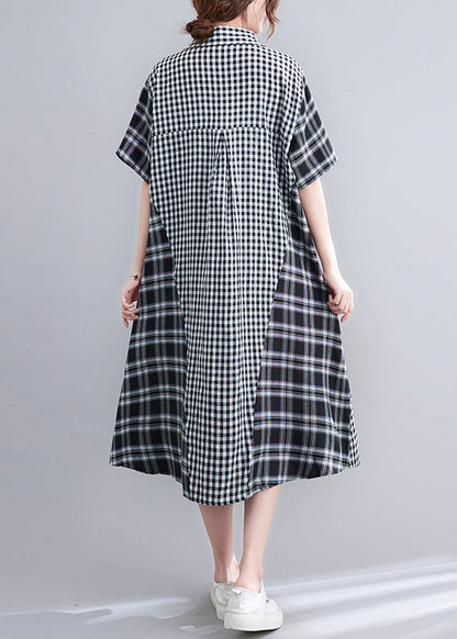 Loose Black Peter Pan Collar Plaid Patchwork Button Long Dress Summer LY0668