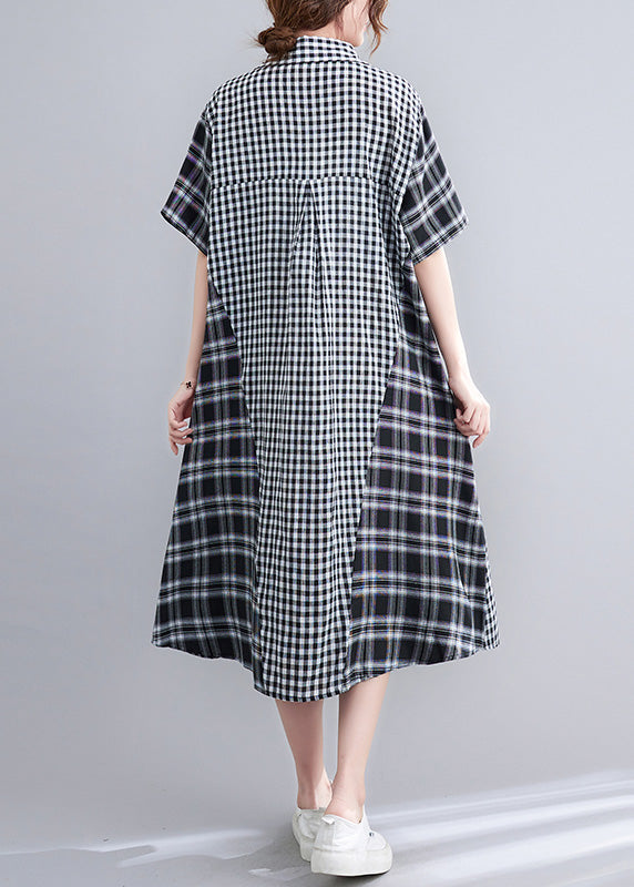 Loose Black Peter Pan Collar Plaid Patchwork Button Long Dress AC2092