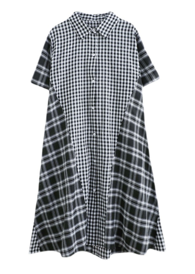 Loose Black Peter Pan Collar Plaid Patchwork Button Long Dress Summer LY0668