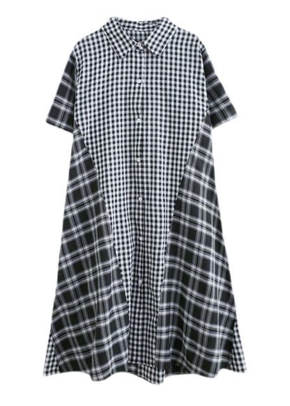 Loose Black Peter Pan Collar Plaid Patchwork Button Long Dress AC2092