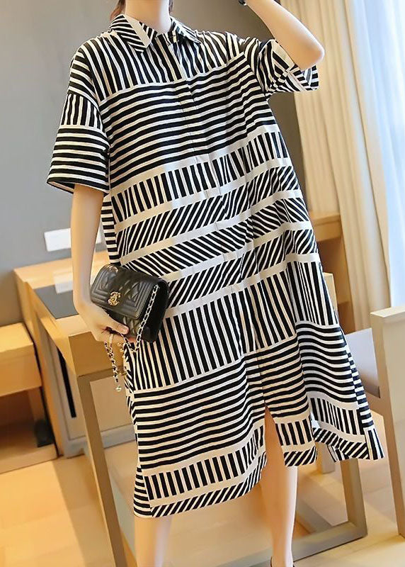 Loose Black Peter Pan Collar Striped Side Open Shirt Dress Summer LY1481