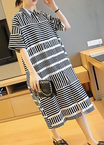 Loose Black Peter Pan Collar Striped Side Open Shirt Dress Summer LY1481