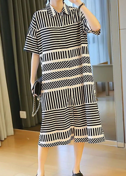 Loose Black Peter Pan Collar Striped Side Open Shirt Dress Summer LY1481