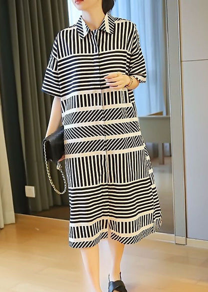 Loose Black Peter Pan Collar Striped Side Open Shirt Dress Summer LY1481