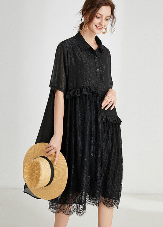 Loose Black Ruffles Lace Patchwork Chiffon Dress Summer LY0027