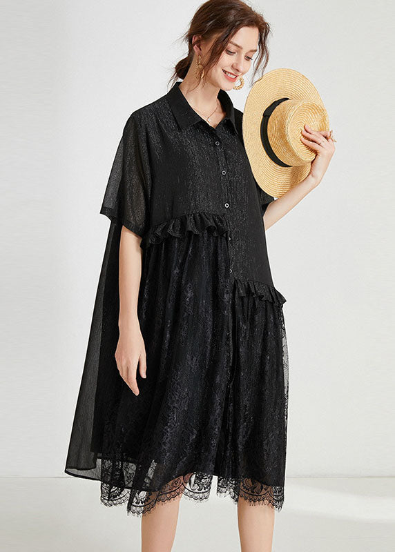 Loose Black Ruffles Lace Patchwork Chiffon Dress Summer LY0027