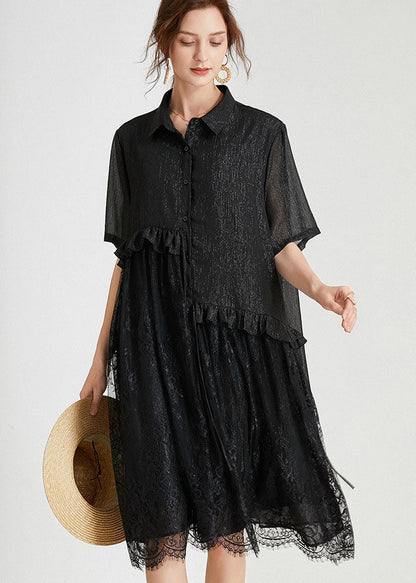 Loose Black Ruffles Lace Patchwork Chiffon Dress Summer LY0027