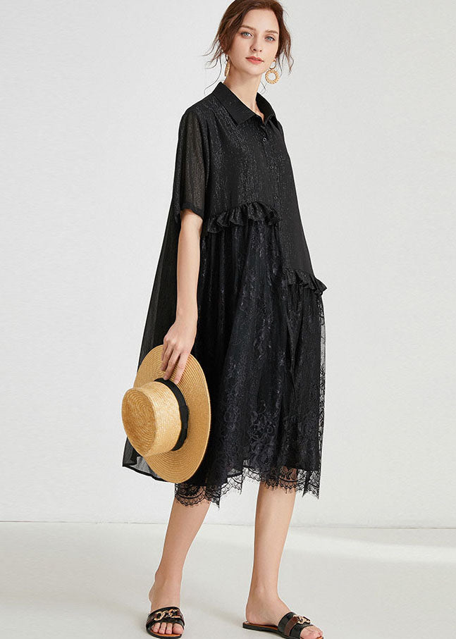 Loose Black Ruffles Lace Patchwork Chiffon Dress Summer LY0027