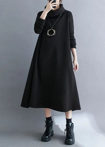 Loose Black Turtleneck Fleece Dress Long Dresses Long Sleeve Ada Fashion
