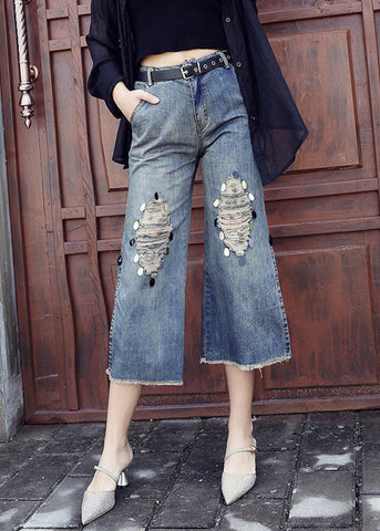 Loose Blue High Waist Sequins Patchwork Crop Ripped Jeans TY1043