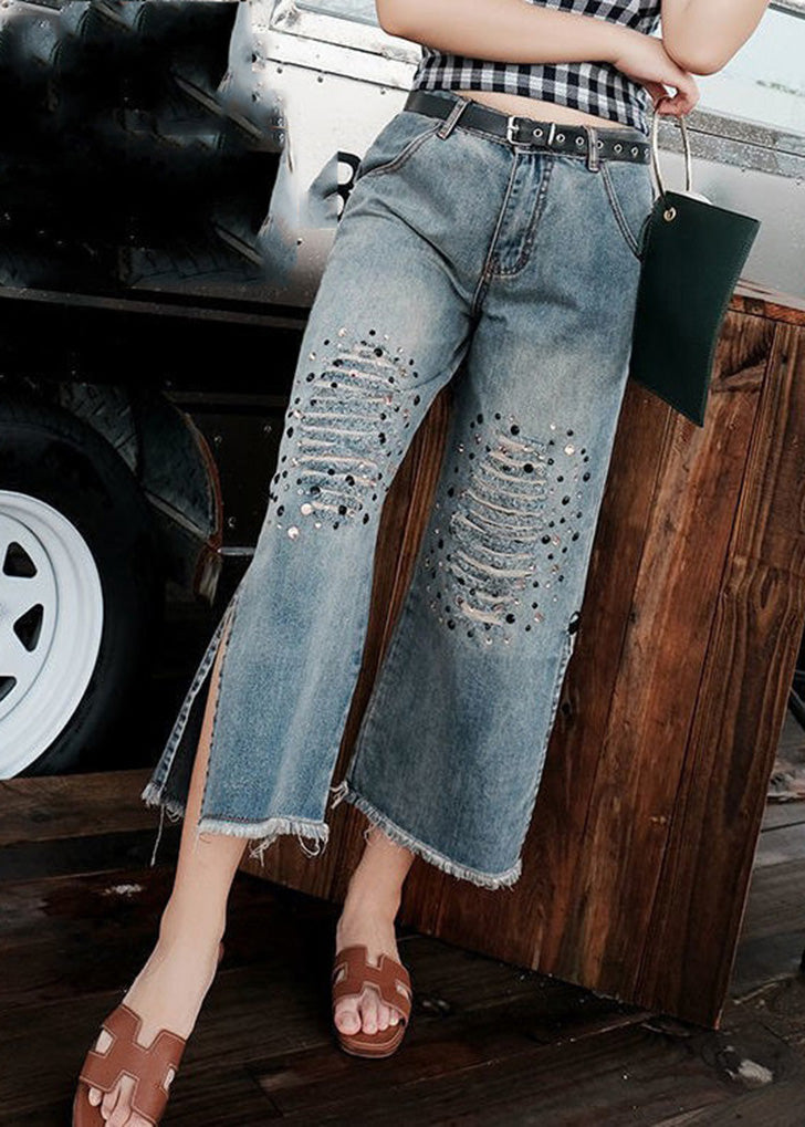 Loose Blue High Waist Sequins Patchwork Crop Ripped Jeans TY1043