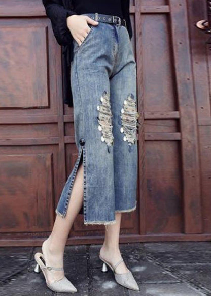 Loose Blue High Waist Sequins Patchwork Crop Ripped Jeans TY1043