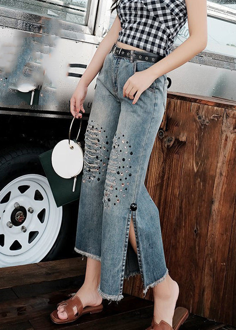 Loose Blue High Waist Sequins Patchwork Crop Ripped Jeans TY1043