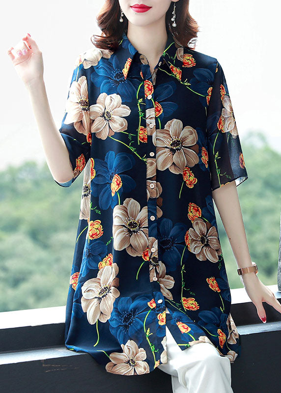 Loose Blue Peter Pan Collar Print Patchwork Chiffon Shirt Top Summer TF1035