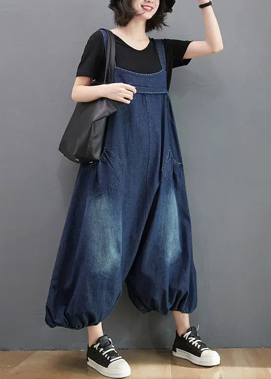 Loose Blue Pockets High Waist Patchwork Jumpsuits Sleeveless Ada Fashion