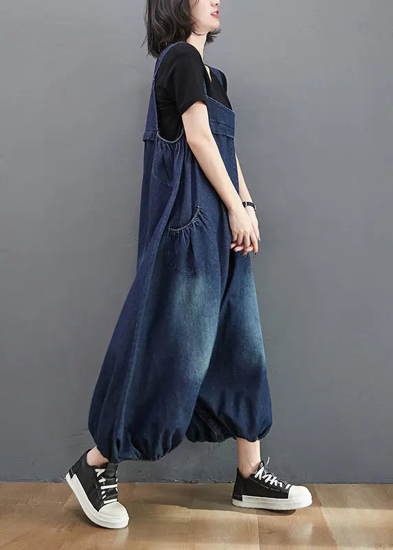 Loose Blue Pockets High Waist Patchwork Jumpsuits Sleeveless Ada Fashion