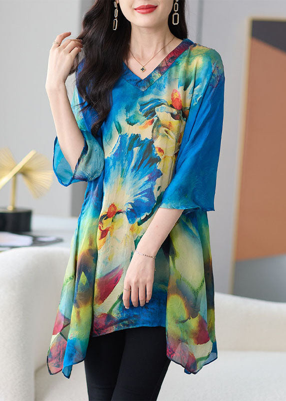 Loose Blue V Neck Print Patchwork Chiffon T Shirt Tops Half sleeve TF1026