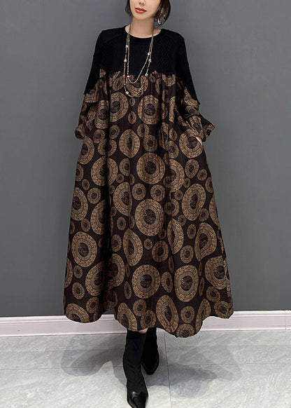 Loose Brown O-Neck Patchwork Dot Print Maxi Dress Fall HA1014