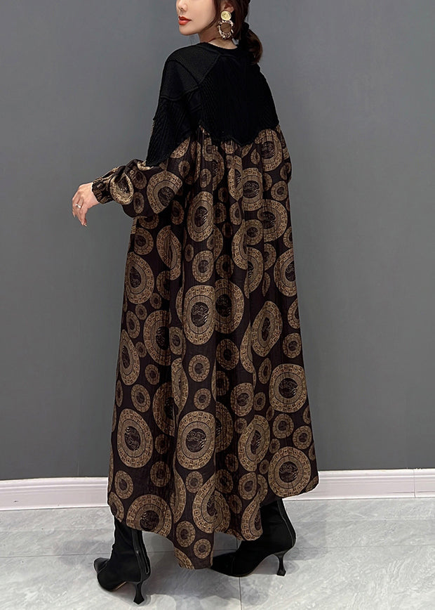 Loose Brown O-Neck Patchwork Dot Print Maxi Dress Fall HA1014